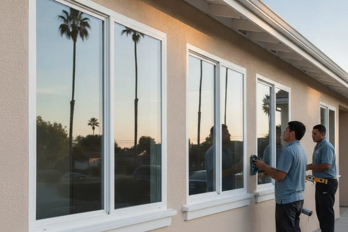 Fila de ventanas nuevas de vinilo de doble panel instaladas en el frente de una casa de un piso en San Diego.