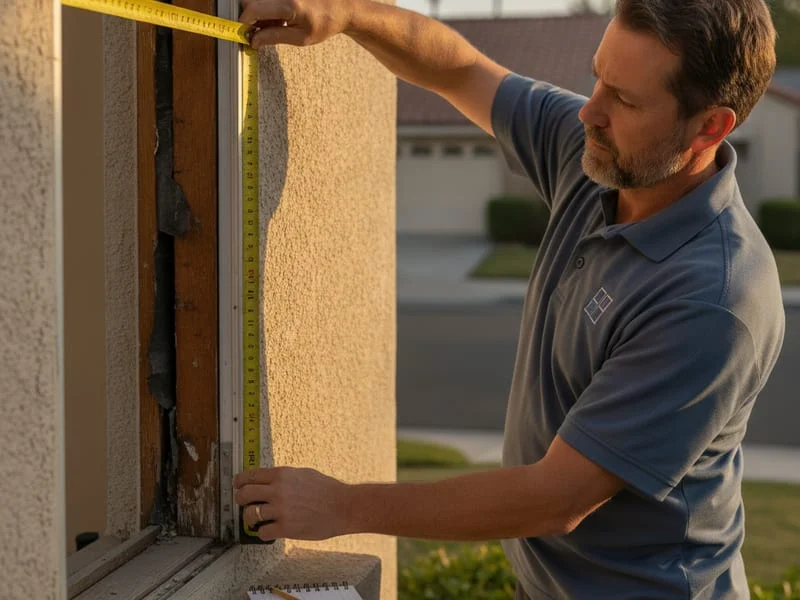 A tape measure stretched across a window opening on a San Diego home exterior to measure for replacement