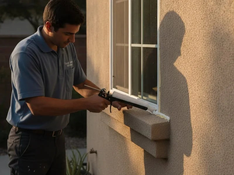 A homeowner applying fresh exterior caulk around a vinyl window frame on a San Diego stucco home
