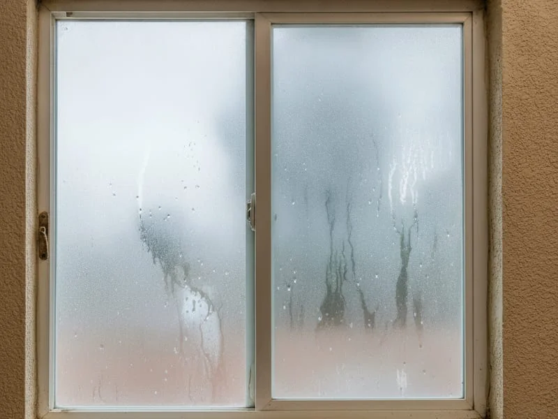 Close-up of a fogged double-pane window with visible condensation between the panes on a San Diego home