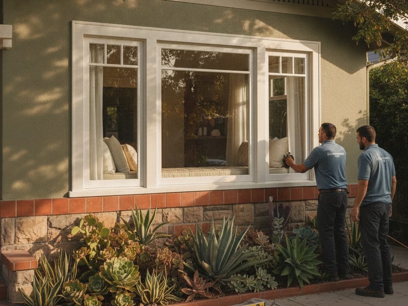 Ventana bay recién instalada con un nicho de asiento de ventana en una sala de San Diego
