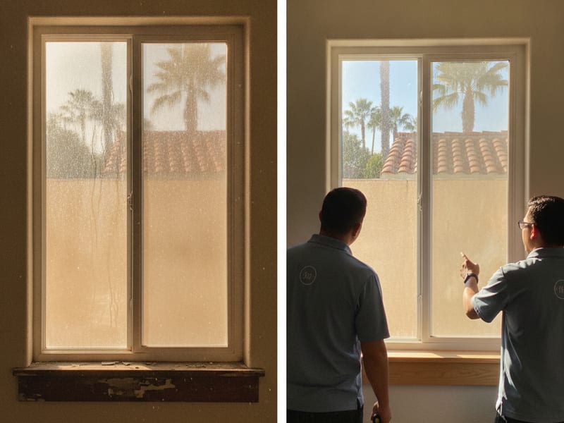 Comparación lado a lado de una ventana original de aluminio de un solo vidrio junto a un reemplazo nuevo de vinilo de doble vidrio en una casa de San Diego