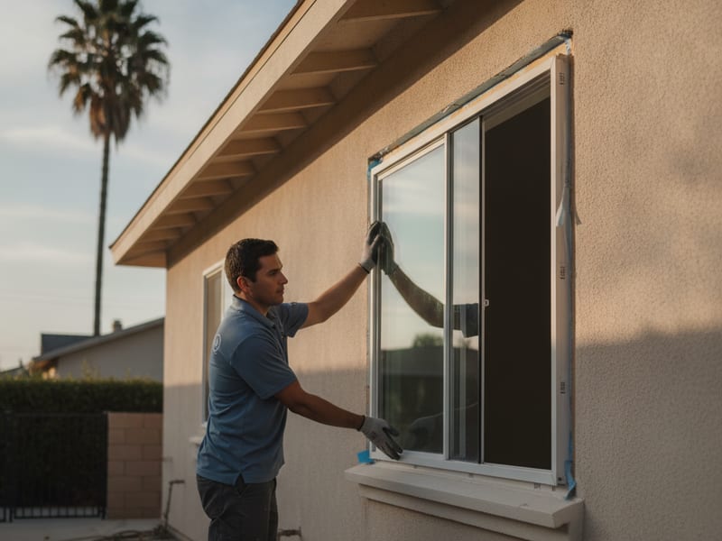 Instalación de ventana de doble vidrio con baja emisividad en una casa de San Diego mostrando la unidad de vidrio aislado con relleno de argón