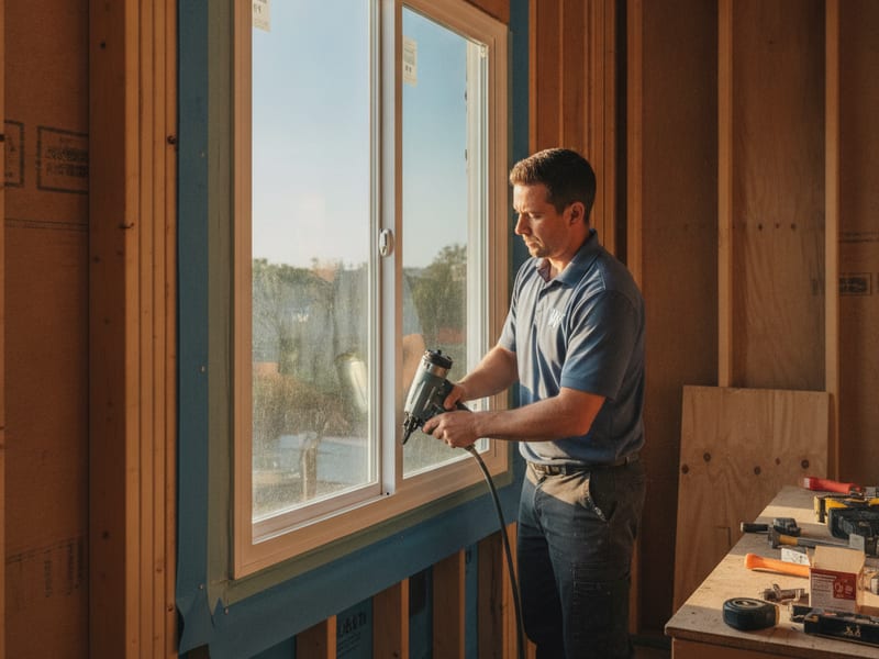 Cuadrilla de ventanas colocando ventanas de construcción nueva en aberturas brutas de una ADU enmarcada en San Diego