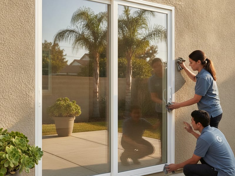 Nueva puerta corrediza de vidrio de patio en vinilo instalada en una casa de San Diego que abre a un patio trasero