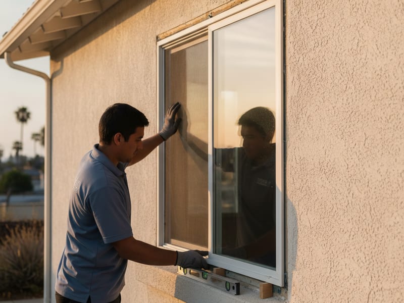 Instalador colocando una ventana de retrofit de vinilo dentro de un marco de aluminio existente en una casa de San Diego