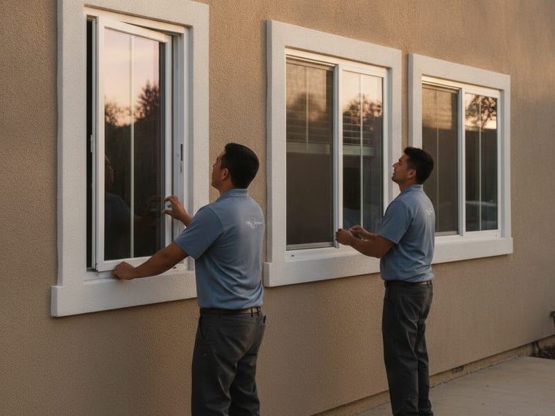 Comparación lado a lado de una ventana corrediza, una ventana batiente, y una ventana de guillotina instaladas en casas de San Diego