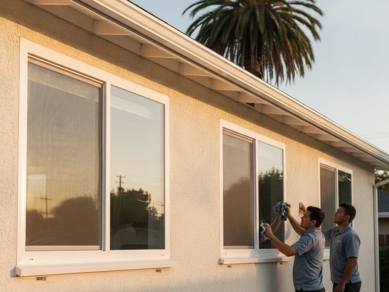 Ventanas de guillotina de vinilo blanco nuevas instaladas en una casa de un piso en San Diego