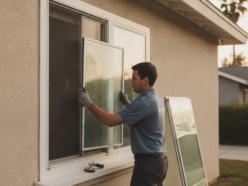 Técnico reemplazando el sello fallado de una unidad de vidrio aislado en una ventana empañada de una casa en San Diego